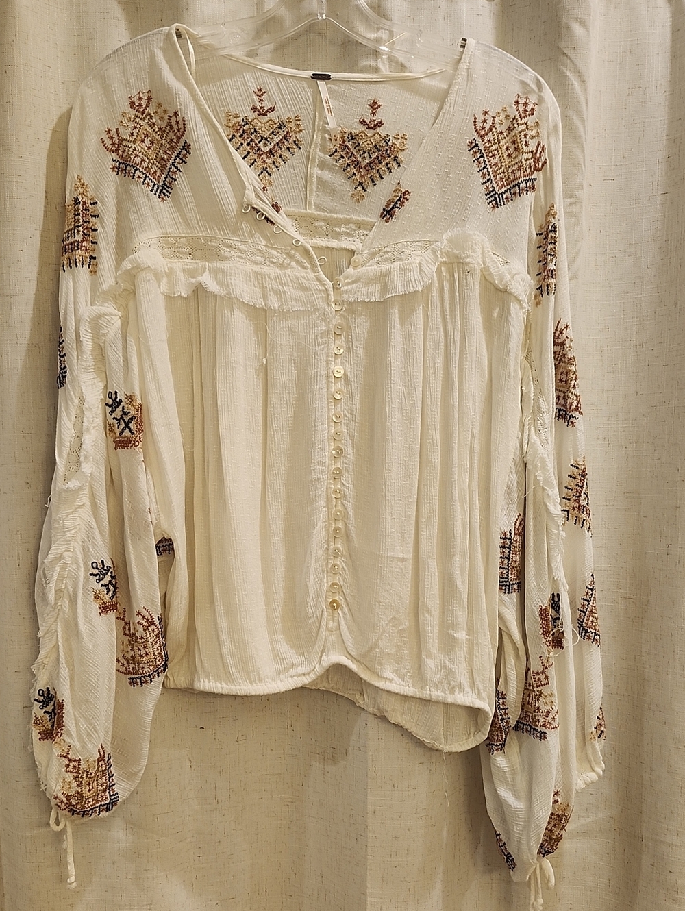 Free People Boho Flowy Sleeve Embroidered Top With Distressed Details Size M